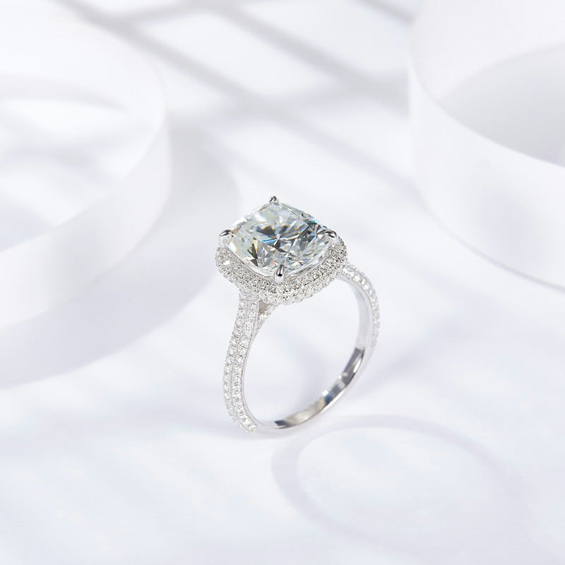 Oval Cushion Cut Moissanite Ring Pave Engagement Ring 速卖通eBay跨境代发 5克拉9*11枕形全莫桑石D色S925银镀18k金戒指