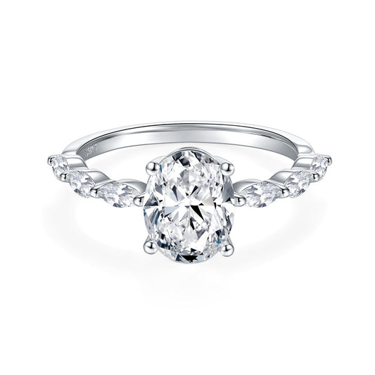 Side Stone Oval 4 Claw Moissanite Engagement Ring