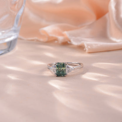 Green Radiant Side Stone Moissanite Engagement Ring