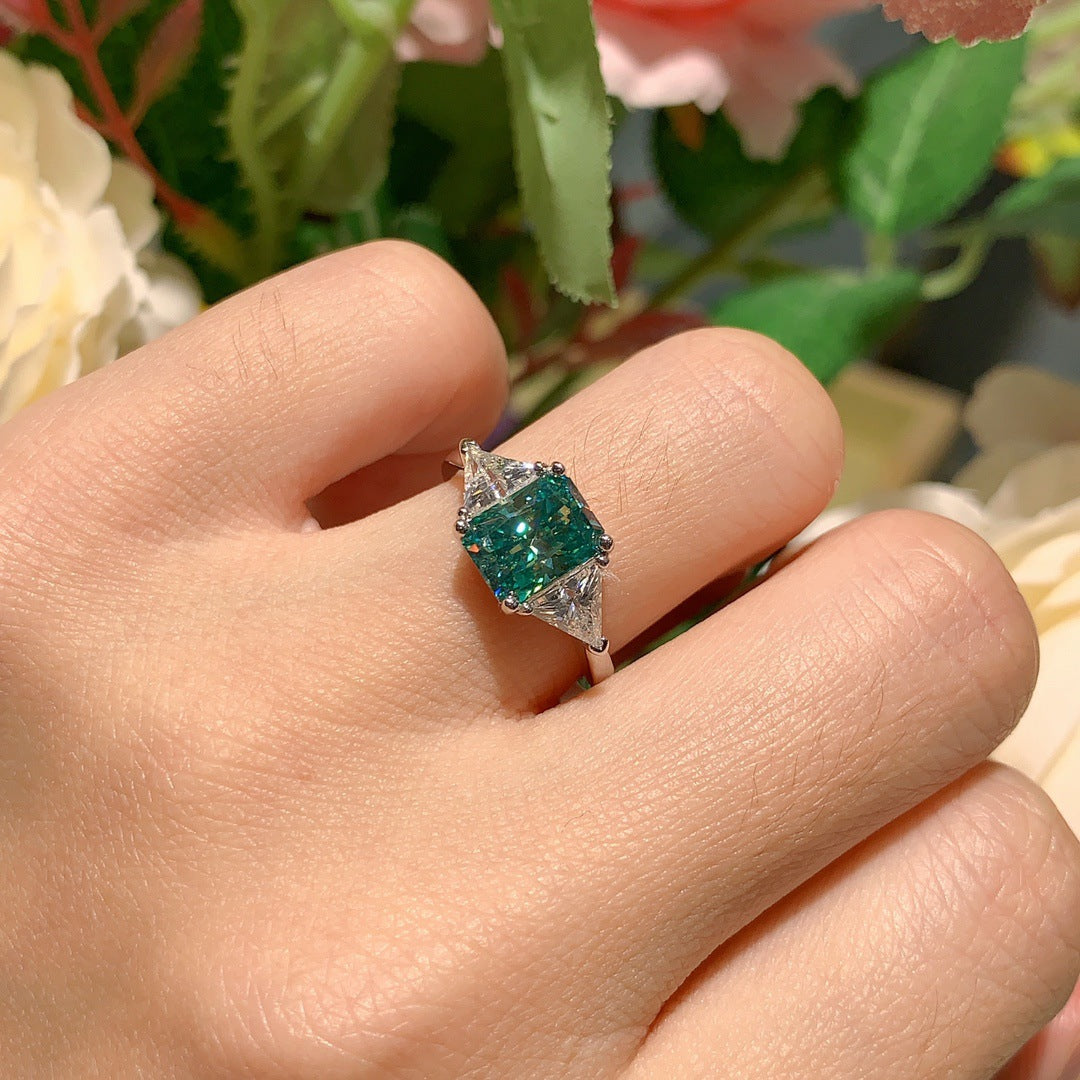 Green Radiant Side Stone Moissanite Engagement Ring