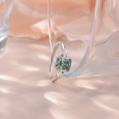 Green Radiant Side Stone Moissanite Engagement Ring